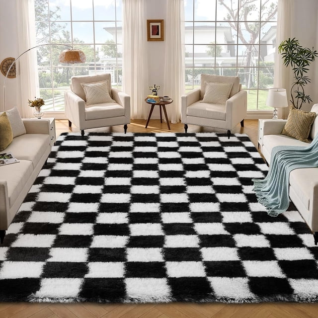 Checkered Rug 8x10 Fluffy Rug Checkered – Large Plush Rug for Bedroom, Ultra Soft Non-Slip Fluffy Carpet for Living Room – Modern Indoor Floor Rug