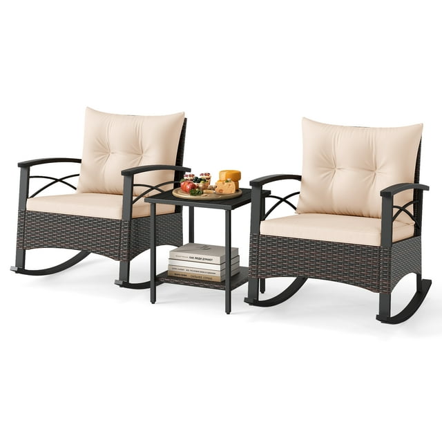 Gymax Set of 3 Rattan Rocking Chair Set w/Acacia Wood Tabletop Armrests for Porch Balcony Beige
