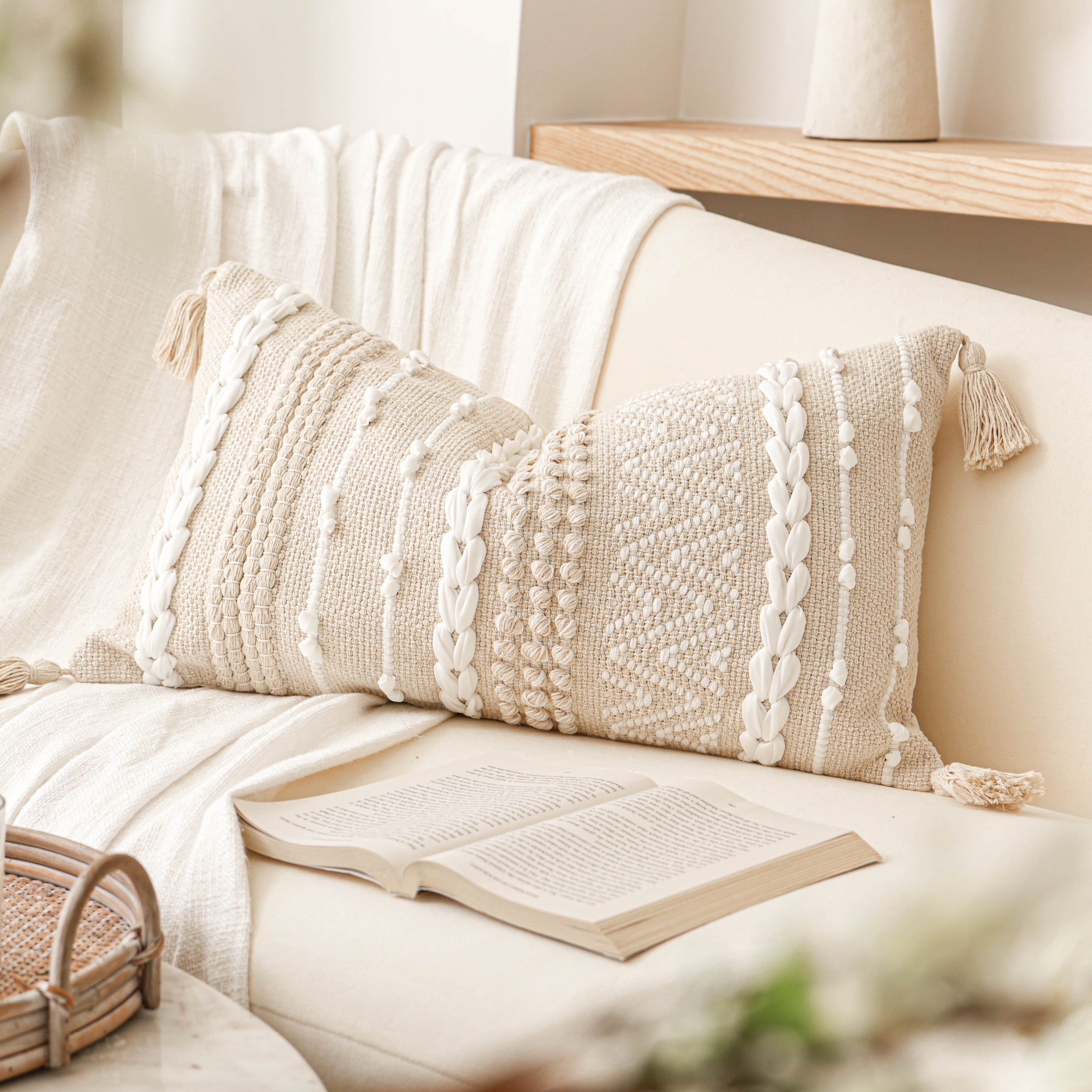 BLISSBLUSH Cream Decorative Lumbar Throw Pillow Cover 14x36 Boho Long Cushion for Bed Neutral Beige White Accent Modern Farmhouse Pillowcase for Bedroom Living Room Couch Sofa Home Décor COVER ONLY