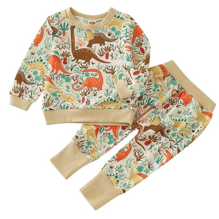 

Boy Baby Kits Boys Girls Winter Long Sleeve Cartoon Dinosaur Prints Kids Tops Pants 2PCS Outfits Clothes Set Boy Short Set