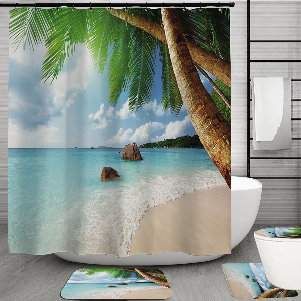 Ocean Decor Beach Coconut Tree Shower Curtain Bathroom Fabric & 12Hooks 71*71in 