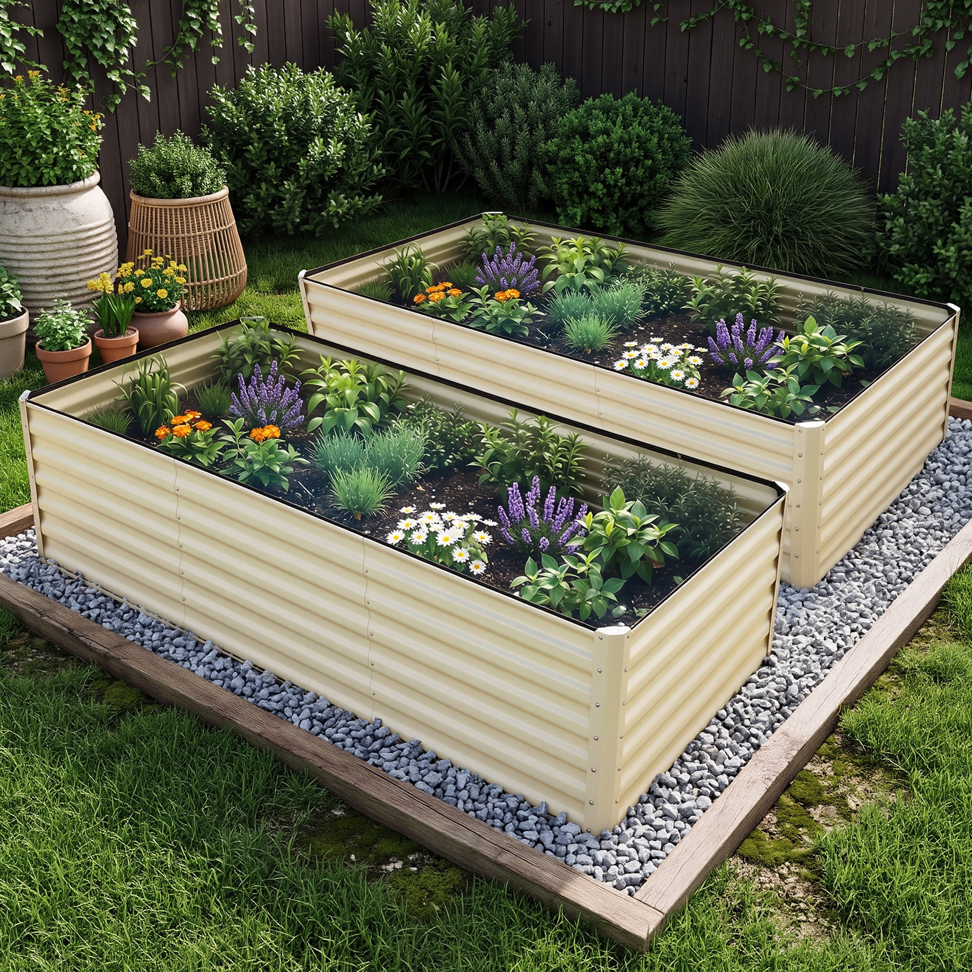 Uforic 6x3x2 Ft 2 Pieces Galvanized Metal Raised Garden Bed Kit with Free Gloves Cream White