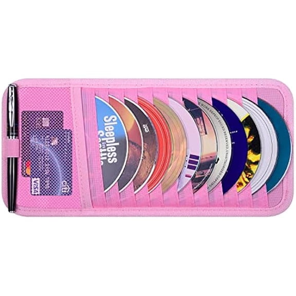 wonima01 Car CD Case Holder, Vehicle Sun Visor Organizer for Cars with 12 DVD Storage Sleeves, 1 Mesh Pocket, 1 Pen Holder and Elastic Strap, Pink