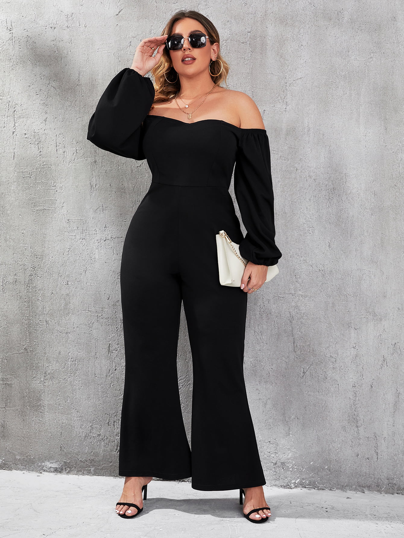 Womens Casual Solid Color Off The Shoulder Lantern Sleeve Loose Jumpsuits Wide Legs Pants with Pockets Plus Size 