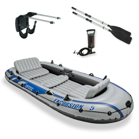 Intex Excursion 5 Inflatable Rafting and Fishing Boat with Oars + Motor (Best Rigid Inflatable Boat)