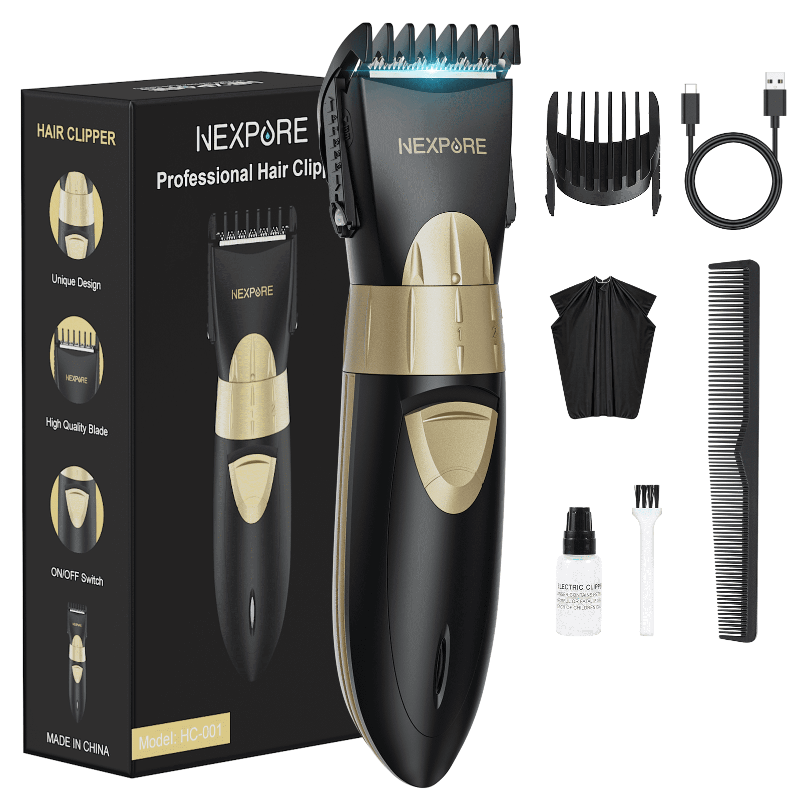 NEXPURE Hair Clippers for Men, Cordless Barber Clippers for Hair Cutting Kit with IPX7 Waterproof, Low-Noise Rechargeable Hair Trimmer for Men, Includes Guide Combs , Black