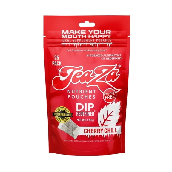 Teaza Energy Pouches, Tobacco Free Nicotine Free Dip Smokeless Alternative Snuff & Energy Dip Chewing Tobacco Alternative Healthy Dipping Premium Flavored Cherry Chill (1 Pack)