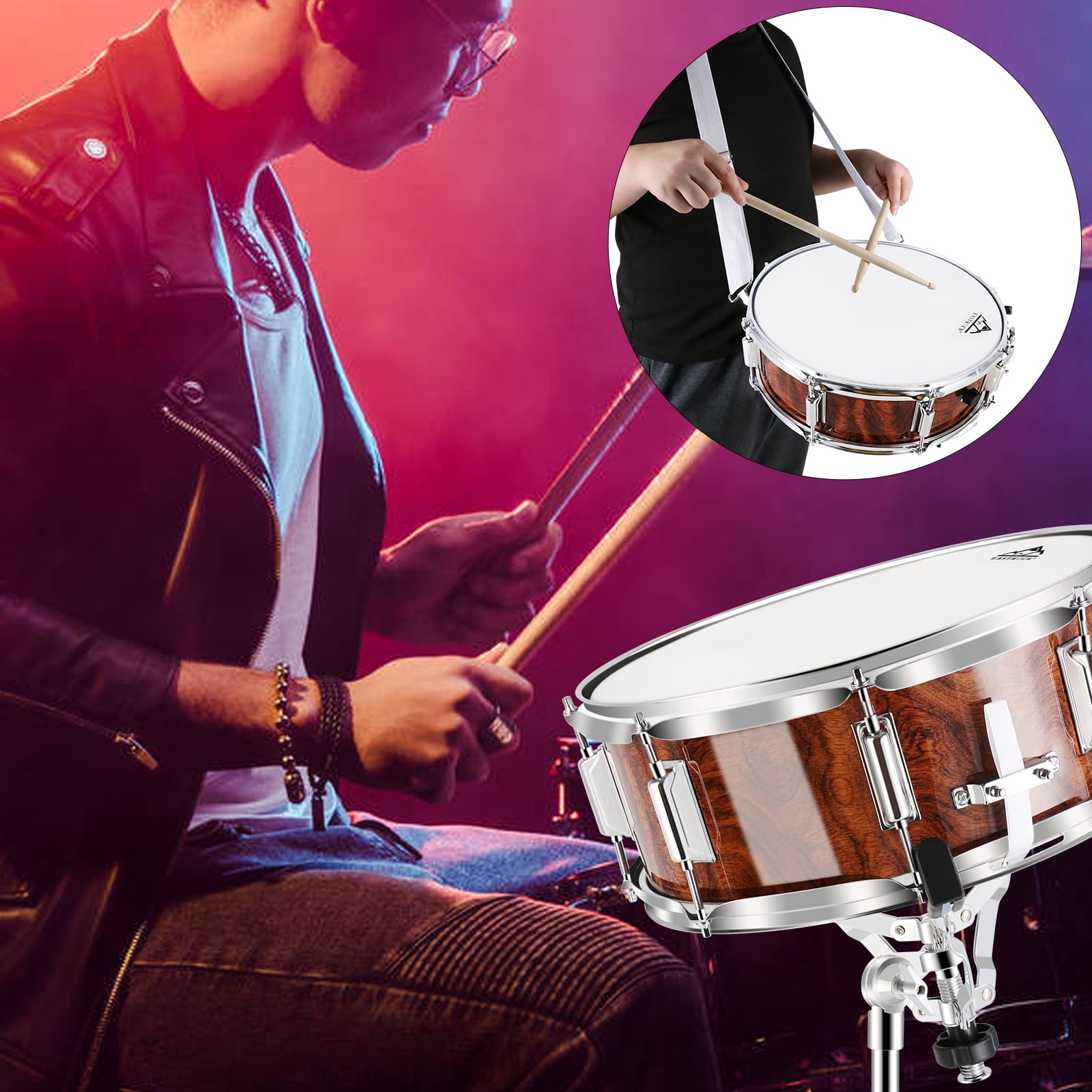 EASTROCK 14x5.5 Stage Snare Drum 10-Lug Tension System with Drumsticks Oxford Backpack for Beginner Drummer (Tiger Stripes)