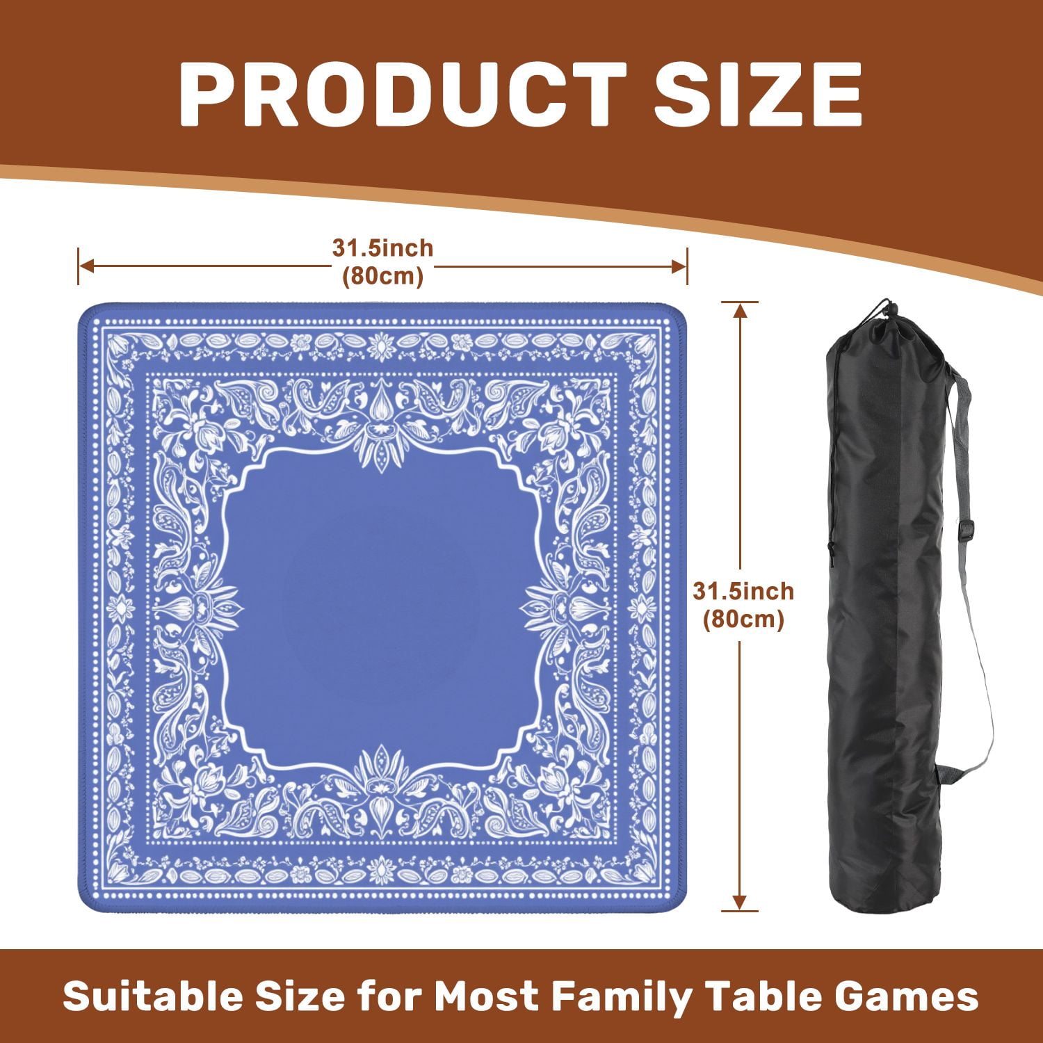 Mahjong Mat 31.5" x 31.5" Intricate Paisley Bandana Design White Blue Non-Slip Noise Reduction American Mahjong Tiles Table Cover for Dominoes Poker Card Board Games Gift