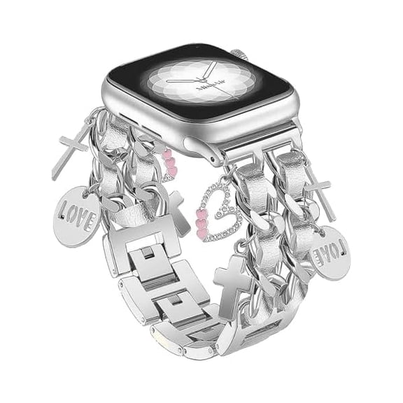 xixishop Silver Bracelet Band with Cute Charm Compatible for Apple Watch 42mm 44mm 45mm 46mm 49mm Women, Cuban Chain Strap for iWatch Series 10 9 8 7 6 5 4 3 2 SE Ultra 1/2