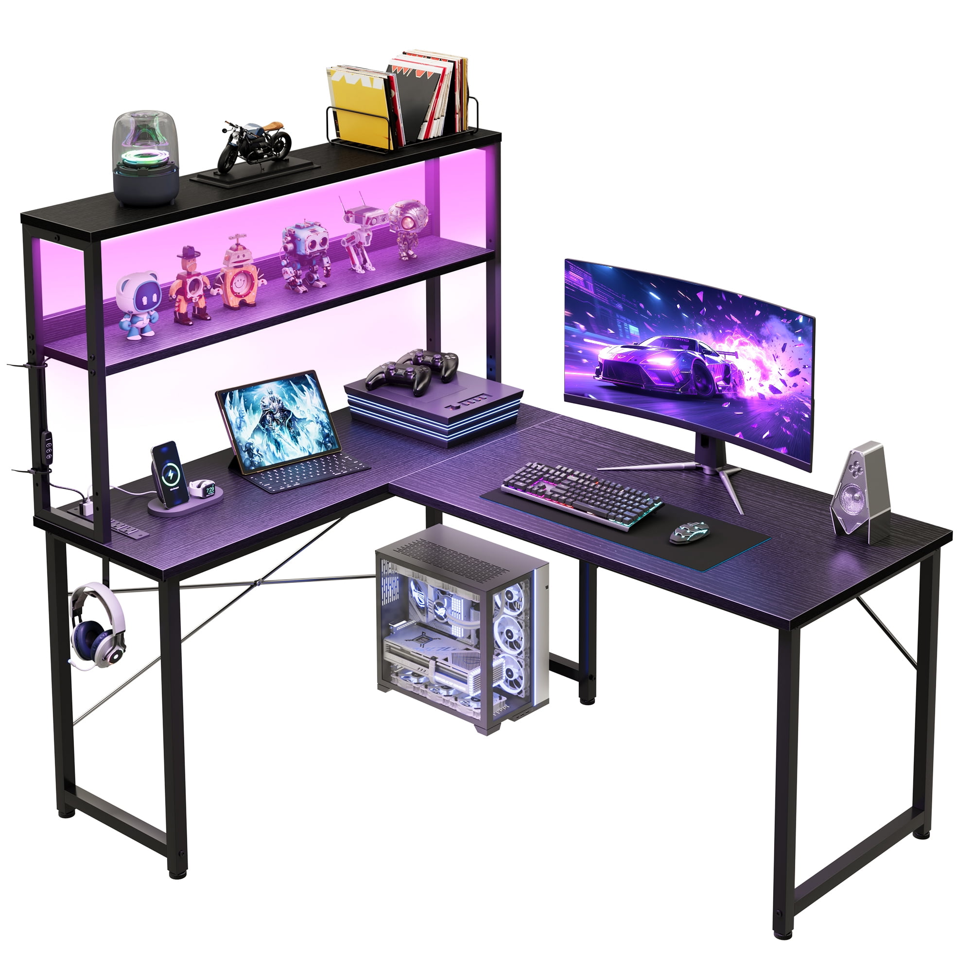 43 Inch L-Shaped Office Desk with Power Outlets, Gaming Desk with LED Lights for Home Office, Corner Computer Desk with Hutch, Black
