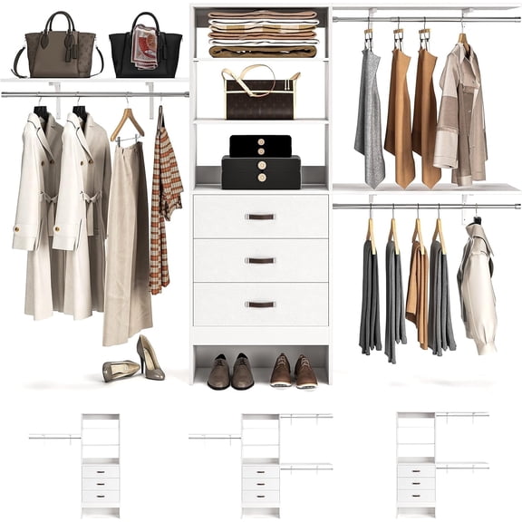 Homieasy 96 Inches Closet System, 8FT Walk In Closet Organizer with 3 Shelving Towers, Heavy Duty Clothes Rack with 3 Drawers, Built-In Garment Rack, 96" L x 16" W x 75" H, White