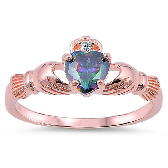 Men's Sterling Silver Rose Gold Tone Simulated Rainbow Mystic Topaz CZ Heart Claddagh Ring 9MM ( Size 4 to 10 )