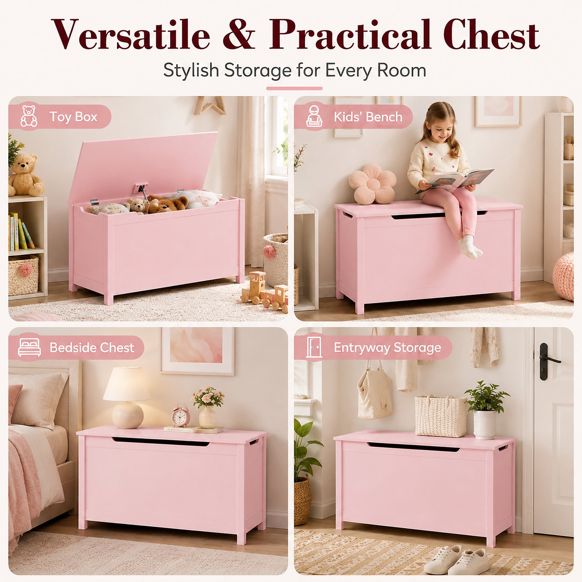 Miniyam Toy Storage Bench with Lid, Kids Toy Box and Storage Chest for Bedroom, Playroom, Nursery, Pink