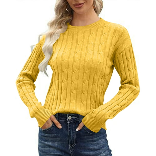Classic Cable Knit Sweaters Womens Long Sleeve Lightweight Soft Pullover Sweater Dressy Casual Fall Basic Tops Yellow, XL