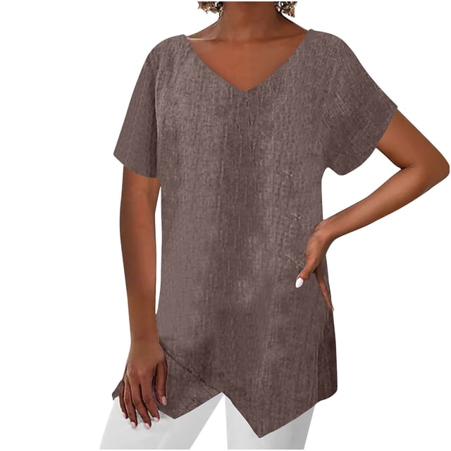 Timegard Tops for Women Cotton Linen V Neck Short Sleeve Irregularly Tee Casual Solid Color Lightweight