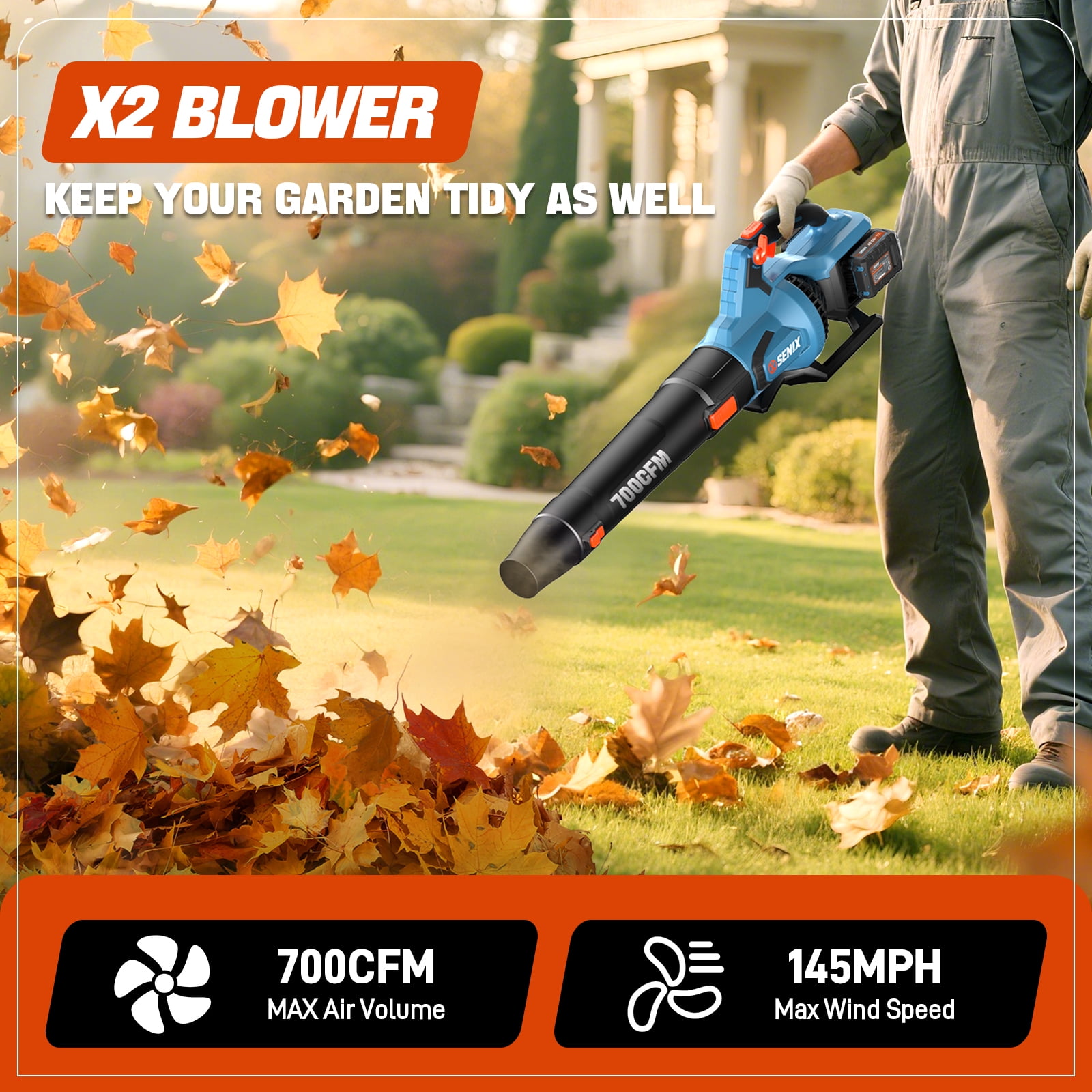 SENIX 40 Volt Max* Cordless Brushless Leaf Blower 700 CFM/145 MPH with 2 x 4.0AH Batteries & Dual-Port Charger Included, Cruise Control, Variable Speeds, BLAX2-M2