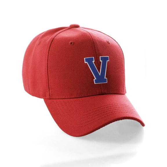 Classic Baseball Hat Custom A to Z Initial Team Letter, Red Cap White Blue Letter V