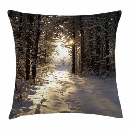 Rhys Bowen Christmas Winter Throw Pillow Cushion Cover, Christmas Season with Snow and Frozen Forest Sun Rays Very Cold Woods Scenery, Decorative Square Accent Pillow Case, 16 X 16 Inches, Brown Pale Yellow, by Ambesonne ()