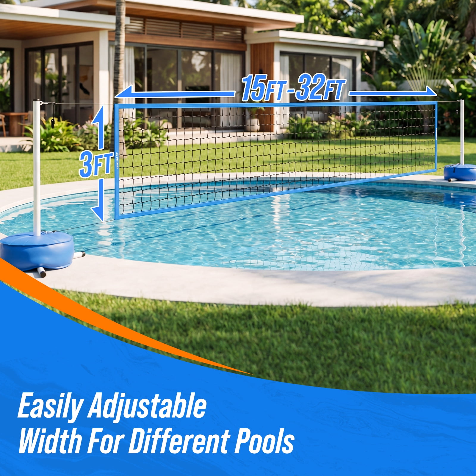 PATIASSY Pool Volleyball Net Set with Weighted Base Adjustable 15ft-32ft Length Portable Outdoor Volleyball Net System for Swimming Pools