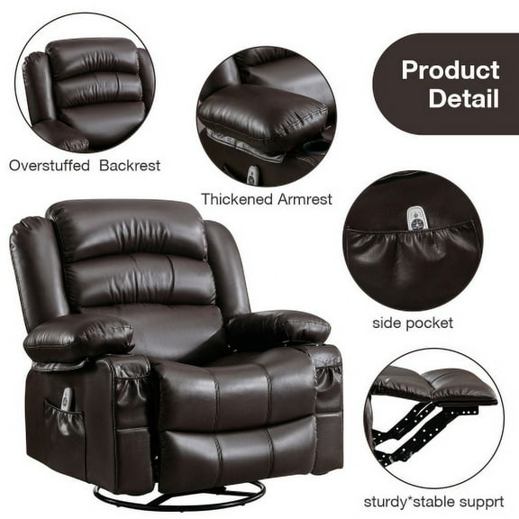 360°  PU Leather Swivel Rocker Recliner with Massage and Heat, Home Theater Rocking Recliner with Cup Holder, Brown