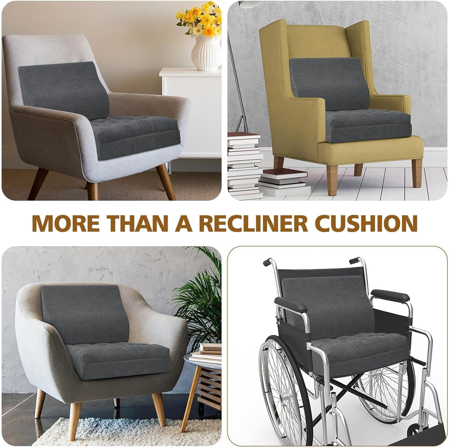 Recliner Seat Cushion for Elderly - Patented Dual Design for Sagging Recliner Replacement & Easy Get Up, Booster Cushion Relieves Back Pain from Sofa, Couch, Chair 20x20x5 Inches Dark Grey