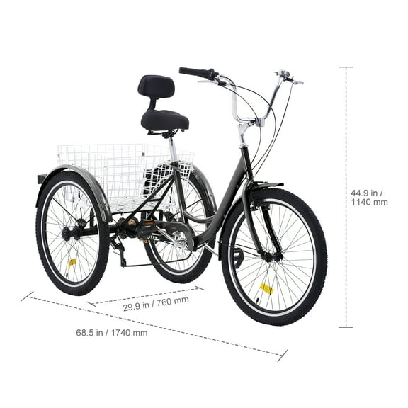 KFFKFF Mature Trike Bicycle, 7 Gear Adult Three-Wheeler, 24 Inch Carbon Steel Cruiser Cycle with Adjustable Seating and Basket, Ideal for Elderly, Ladies, Gentlemen for Shopping and Picnics (Black)