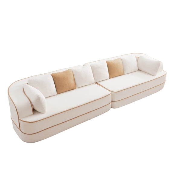135" 4-Seat Teddy Fabric, No Assembly, 32D High Density Sponge Boneless Sofa, Fluffy Comfy Couch, Oversize Sofa, Contrast Color Design, Symmetrical Aesthetics for Living Room (White)