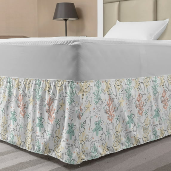 Marine Bed Skirt, Underwater Seashells Scallops Starfish Corals Jellyfish Seahorse Ocean Doodle, Elastic Bedskirt Dust Ruffle Wrap Around for Bedding Decor, 4 Sizes, White Multicolor, by Ambesonne