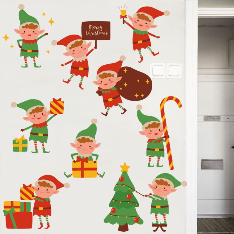 Cartoon Elf Christmas Wall Stickers SelfAdhesive Window Clings Xmas