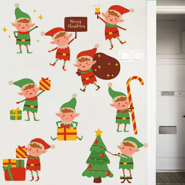 Cartoon Elf Christmas Wall Stickers SelfAdhesive Window Clings Xmas