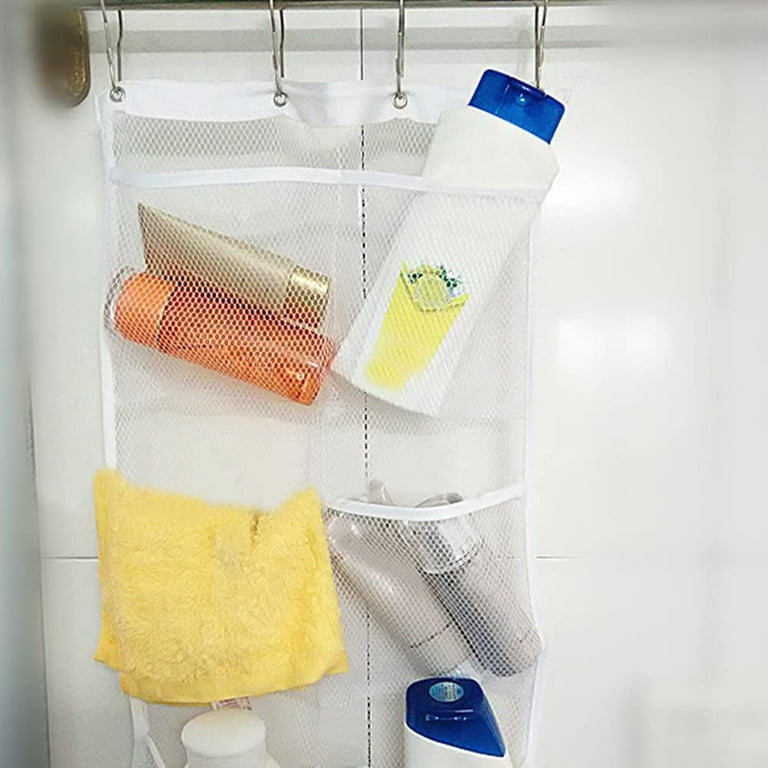 1 Pack Hanging Mesh Shower Caddy Organizer with 6 Pockets, Shower Curtain  Rod/Liner Hook Fabric Storage Bag Bathroom Door Hanger