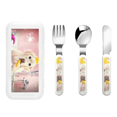 

Picia Dog Sitting In Bathtub With Duck On Head Print Children s Knife Fork And Spoon Set - Kids’ Knife Fork Spoon - Stainless Steel Kids Silverware Set - Metal Kids Cutlery Set