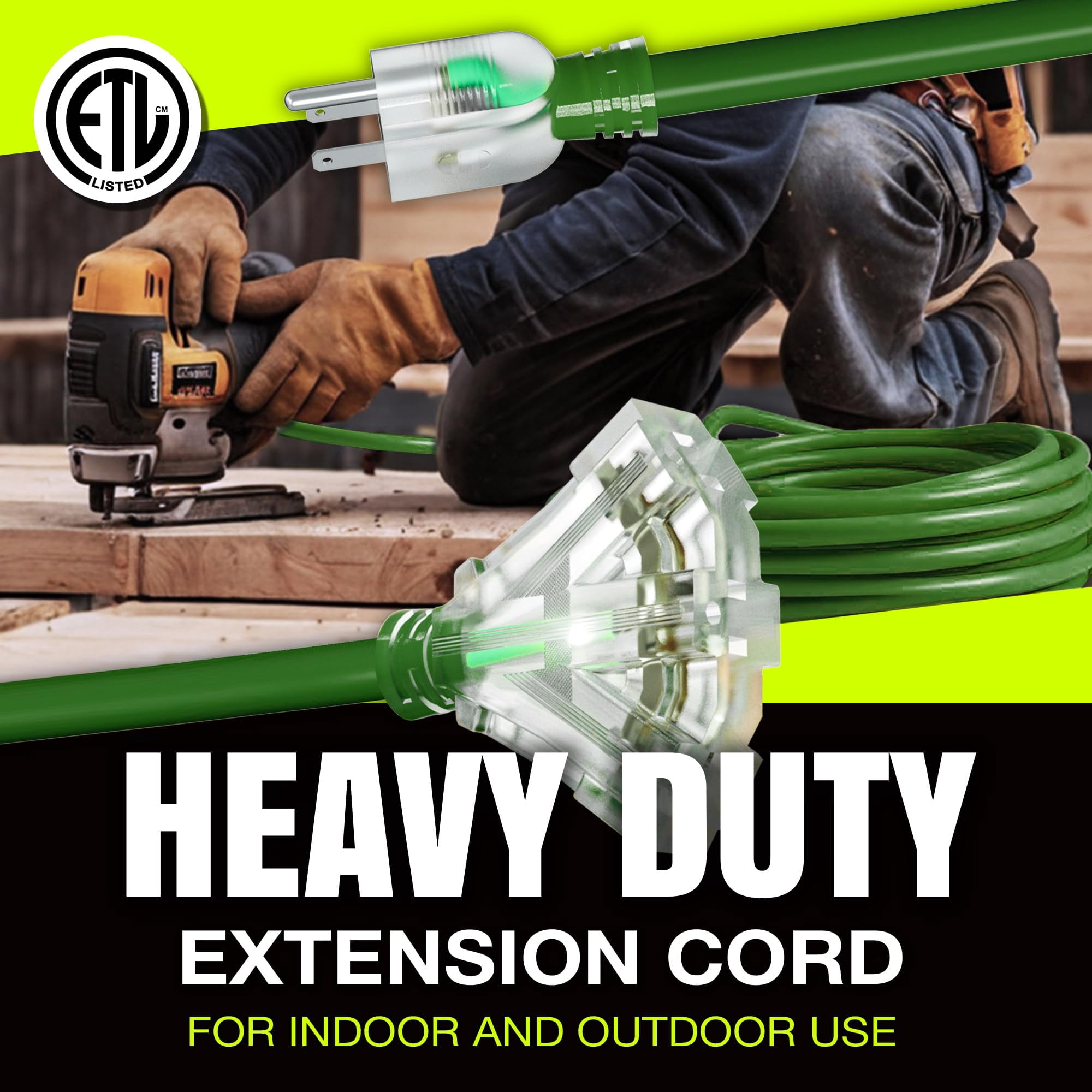 75ft Outdoor/Indoor Extension Cord 3-Outlet 12/3 Gauge Extra Heavy Duty ETL Listed, 3 Prong SJTW, Waterproof, Flexible Cold-Resistant Long Power Cord,125 Amp 1875W, Green by LifeSupplyUSA
