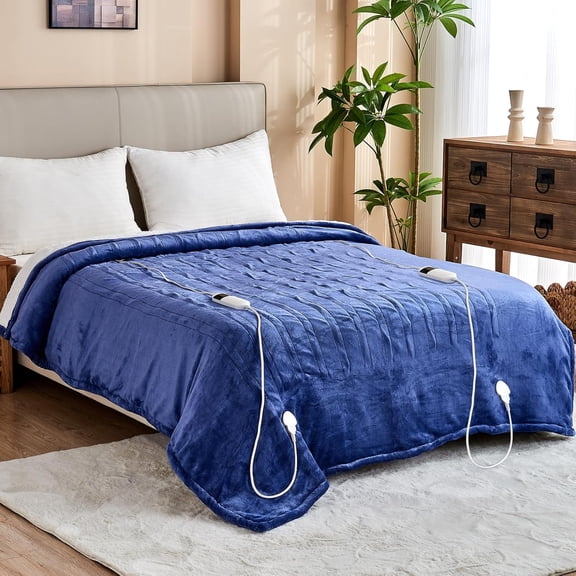 Heated Blanket Electric Queen Size, Soft Sherpa Flannel Heating Blanket Throw with Overheating Protection, 8 Hours Auto Off 10 Fast Heating Levels, Heat Blanket for HomeMachine Washable- Blue