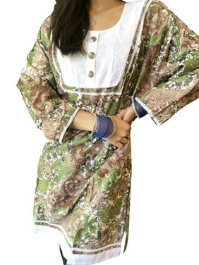Women Tunic Dress Green White Floral Printed Cotton Summer Comfy Boho Tunic Tops L