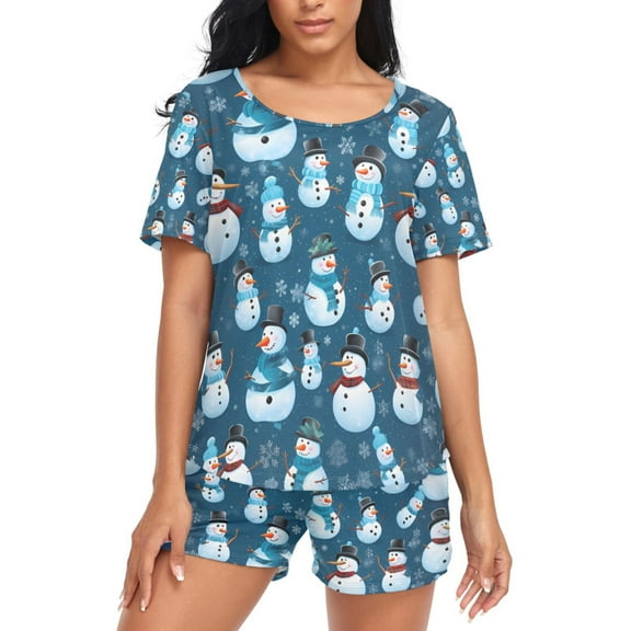 joogoo Women's Pajama Set Christmas Snowmans Short Sleepwear Loungewear with Pockets M