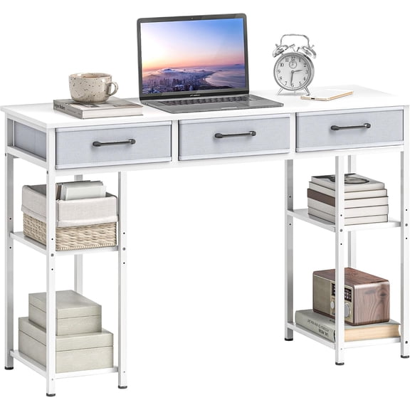 NeoNiches 47" Computer Desk with 3 Fabric Drawers Home Office White | Adjustable Shelves, Small Writing Desk with Storage