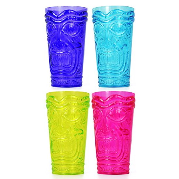Set of 4 Party Tiki Cups! BPA Free 16 Ounce Tumbler Drinkware Set Luau