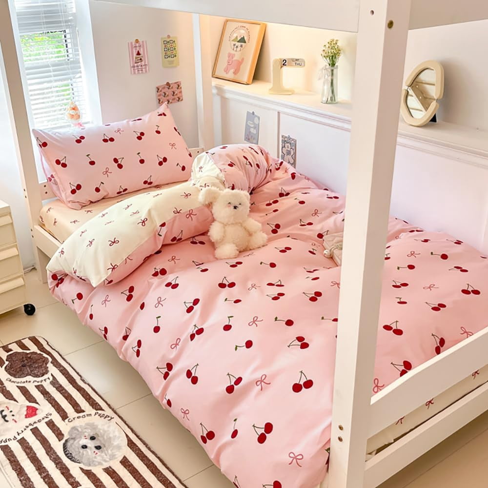 JOLUSERE 2-Piece Red Cherries with Pink Bows Comforter Twin Set , Soft Aesthetic Cherry Pattern Bedding Set for Kids Adults