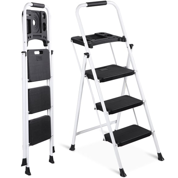 SuperDeal 3 Step Ladder Portable Folding Step Stool Metal Frame with Wide Non-Slip Pedals & Tool Tray – Perfect for Home, Garage & More, White
