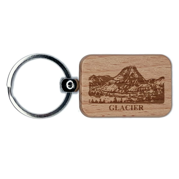 National Park Glacier Rectangle Keychain Charm Tag - Engraved Wood