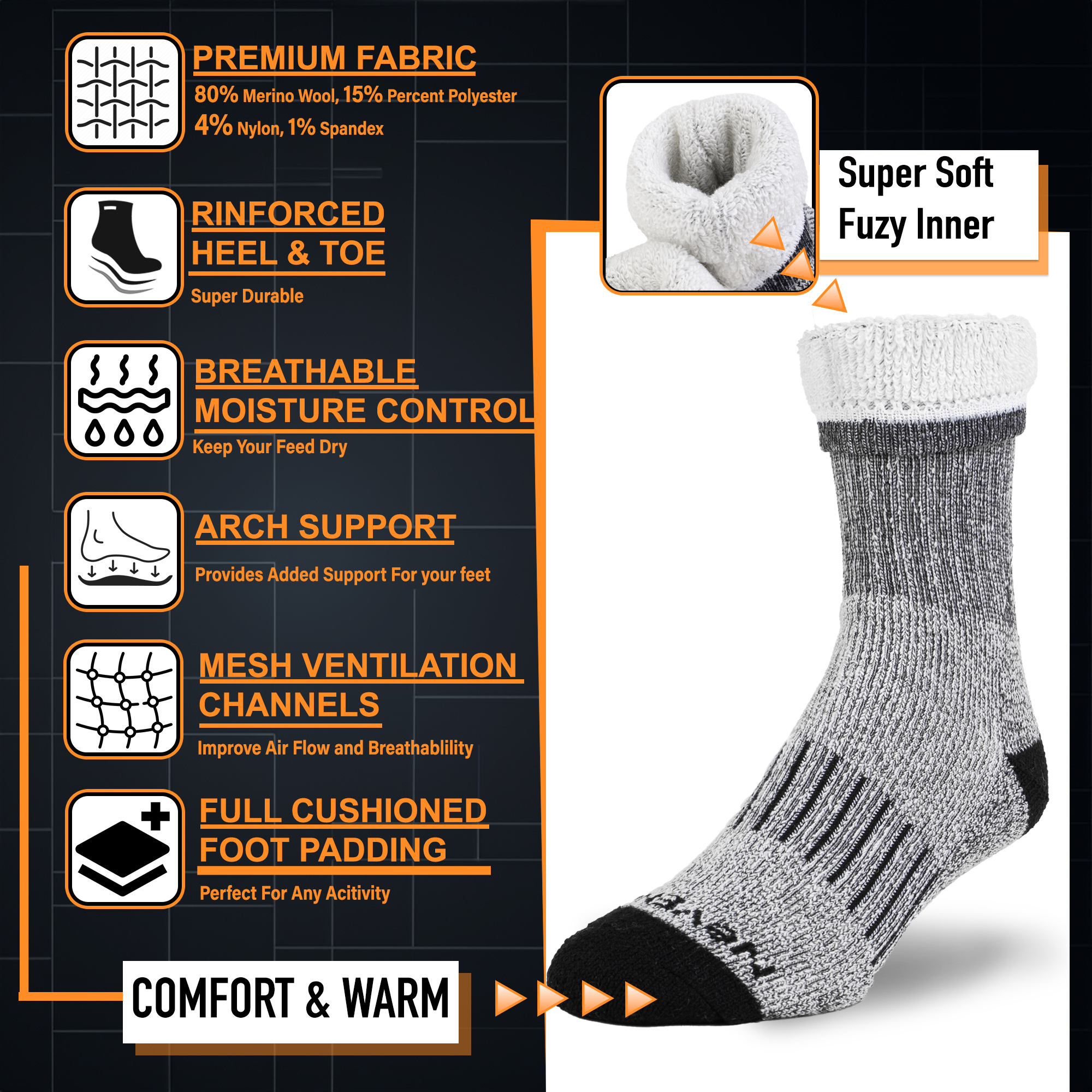 NevEND Men's Merino Wool Thermal Crew Socks, 3-Pair photo 2