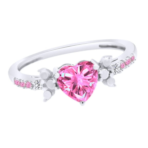 AFFY Simulated Pink Sapphire & White Natural Diamond Heart Ring In 10k White Gold, Ring Size-4