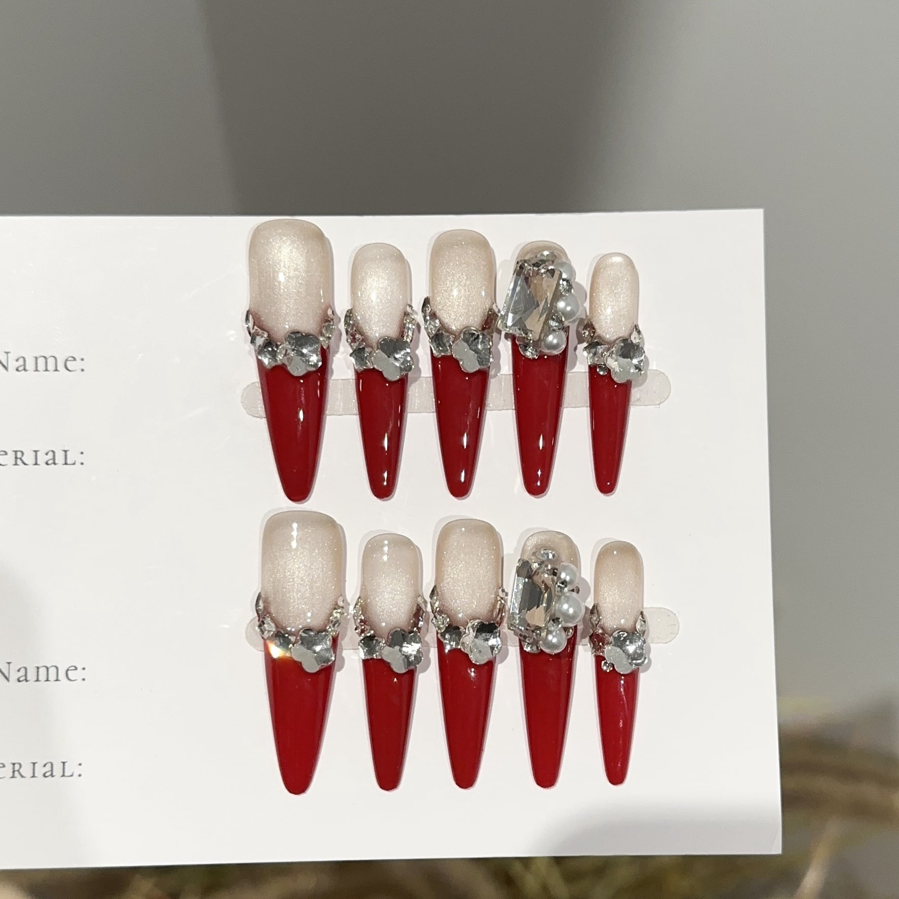 Purely handmade wearing nail advanced sense autumn and winter red New Year's long nail art piece diamond flash fake nail patch
