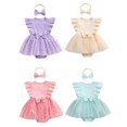 thumbnail image 3 of Baby Toddler Girls Rompers Dress 3 6 12 18 Months Round Neck Floral Print Mesh Skirt Hem Infant Bodysuits Jumpsuits with Headband, 3 of 9