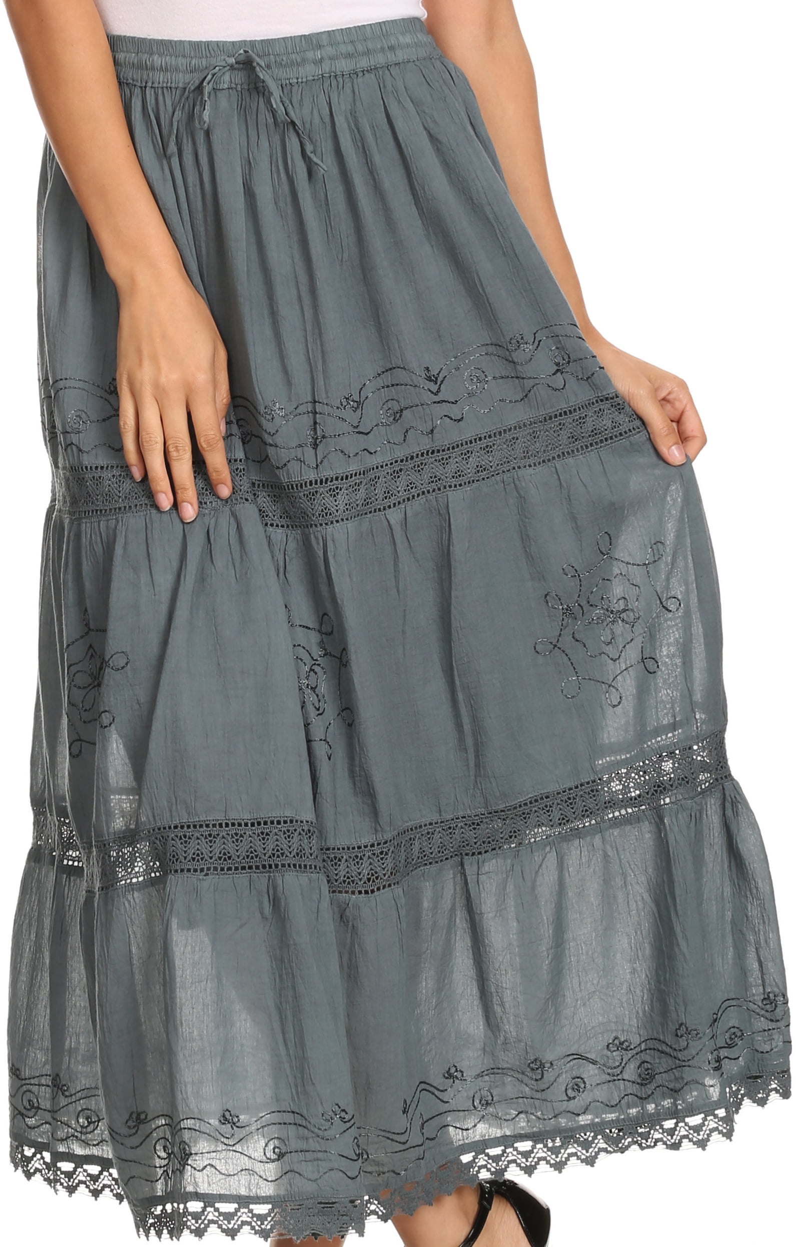 Sakkas Solid Embroidered Gypsy Bohemian Mid Length Cotton Skirt - Gray -  One Size - Walmart.com