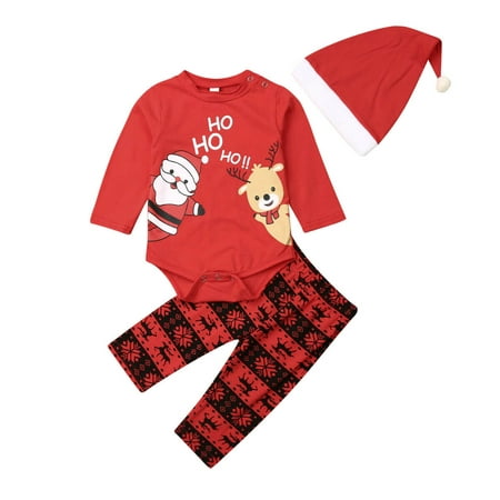 US Toddler Baby Girls BoyZ Christmas Xmas Bodysuit Tops Pants Hat Autumn
