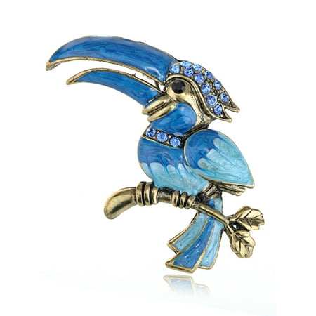 - Gold Tone Blue Paint Enamel Crystal Rhinestone Sitting Hornbill Bird Pin Brooch