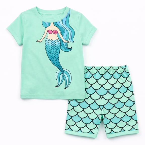Rimyaw Toddler Girls Mermaid Pajama Set, 2-Piece Cotton Sleepwear, Short Sleeve Tee and Shorts, Soft Summer PJs, Sizes 3T